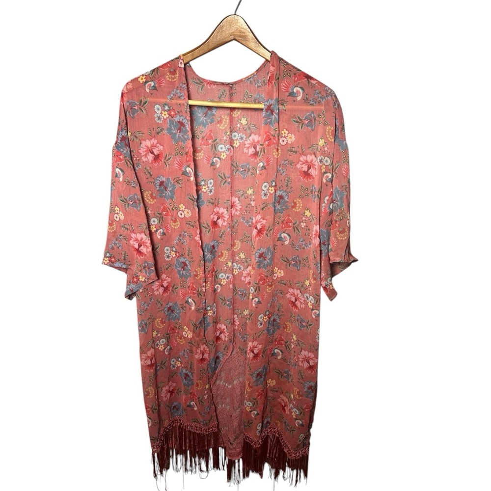 Colorful Floral Kimono Open Cardigan Topper Pink Fringe OS